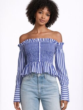 Petersyn Blaine Smocked Striped Cropped Long Sleeve Poplin Top